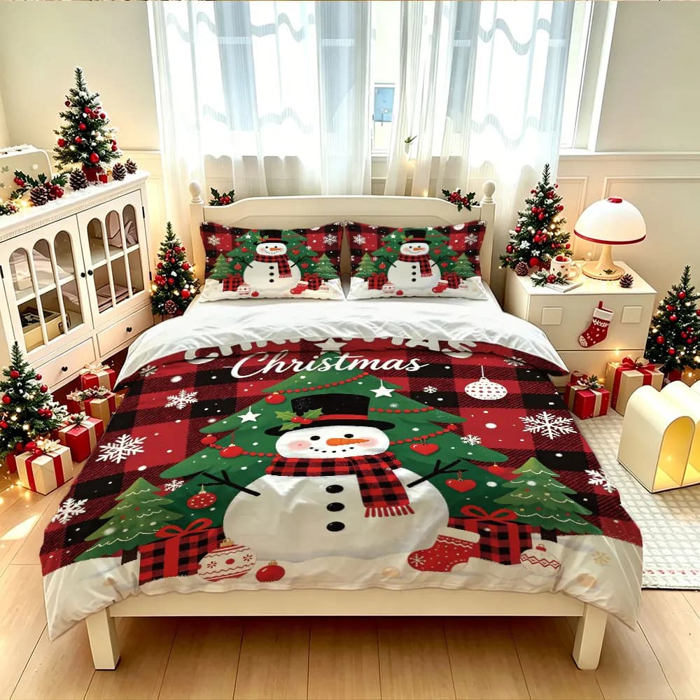 3 Pcs Christmas Duvet Cover Set Snowman Red Black Plaid Snowflake Print Warm Cozy Bedding Set for Home
