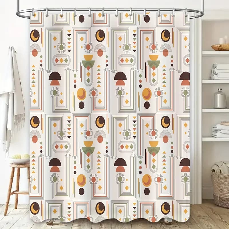 Tenda da doccia geometrica vintage di lusso con tessuto impermeabile con motivo a fungo per l'arredamento del bagno
