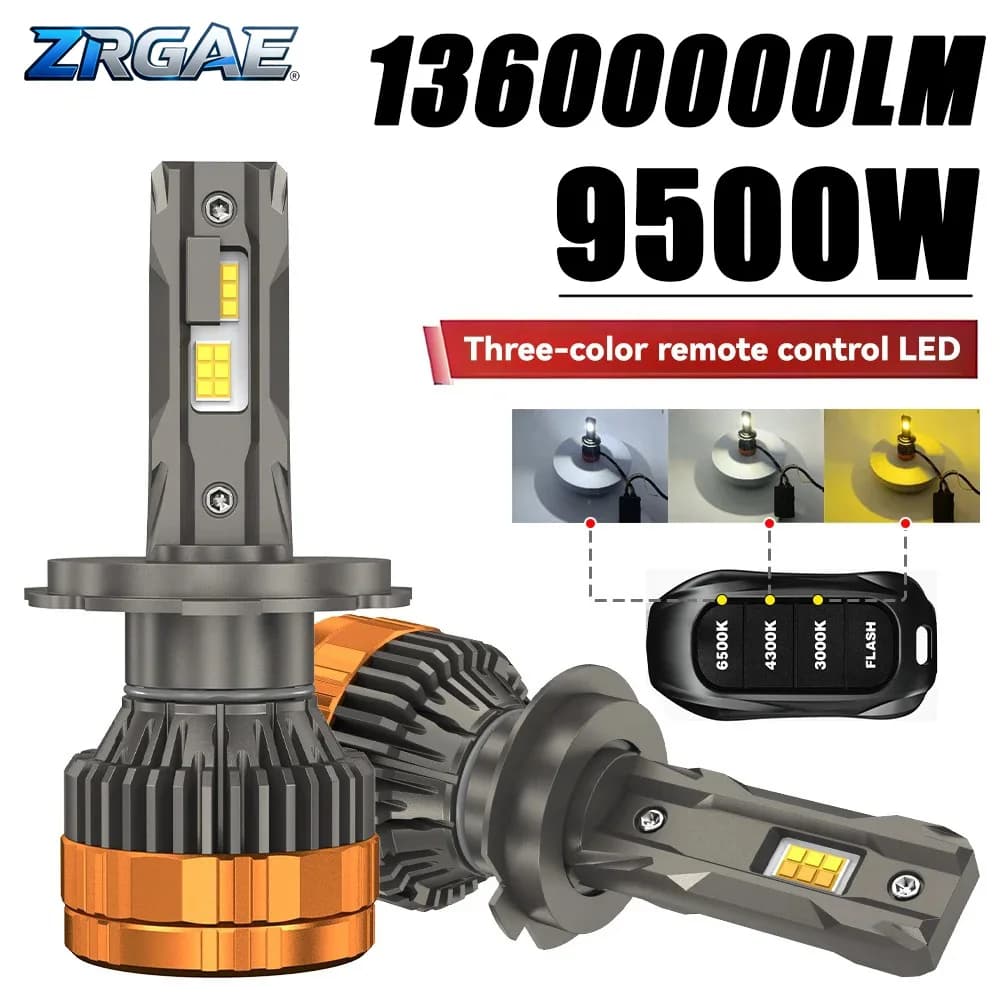 Fari LED 9500W H4 H7 H11 H1 H8 H9 H11 HB3 9005 HB4 9006 HIR2 9012 con luce stroboscopica e telecomando, tre colori 6500K 4300K 3000K
