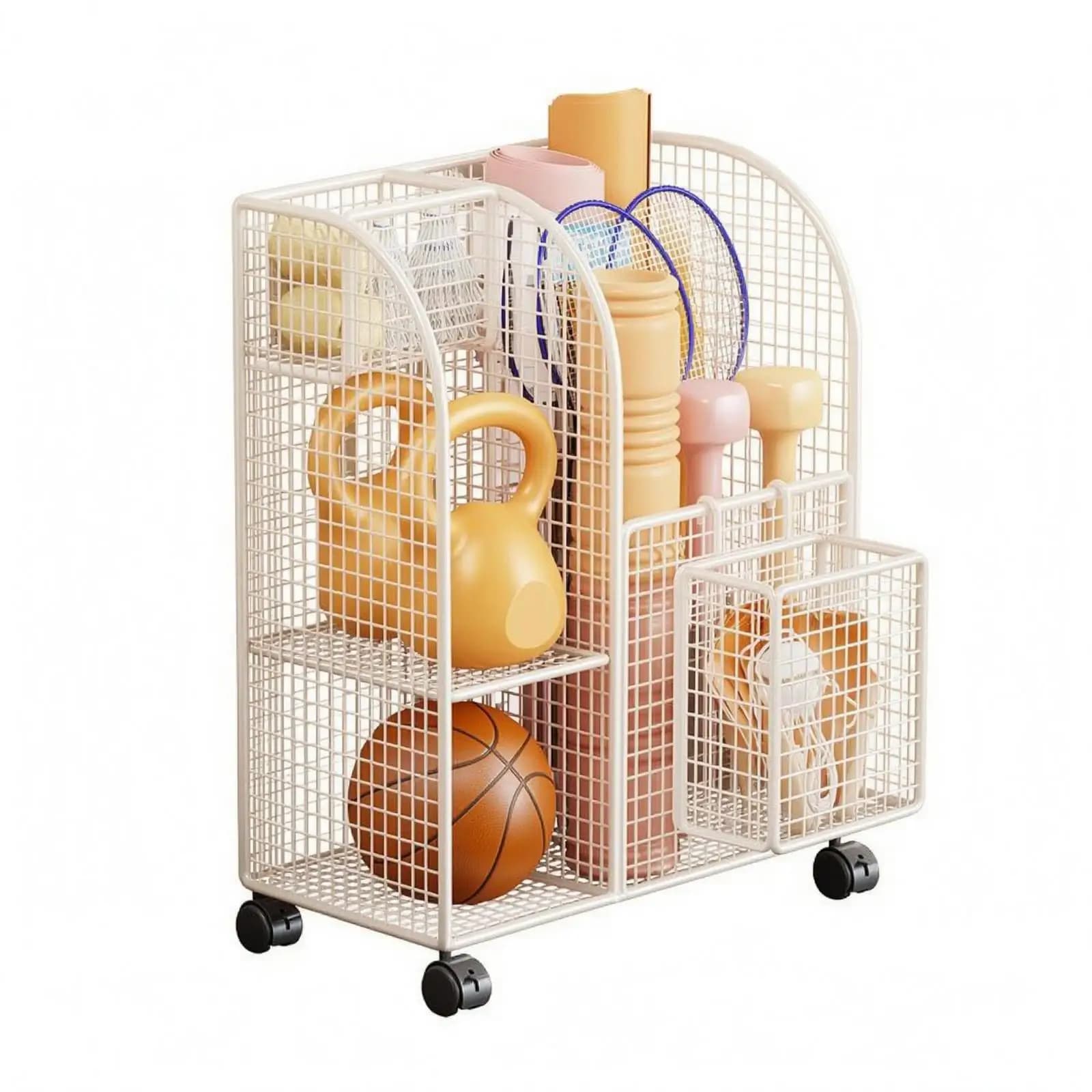 Compact Iron Wire Rack for Exercise Gear Organization with Multiple Compartments for Fitness Balls Dumbbells and Yoga Mats