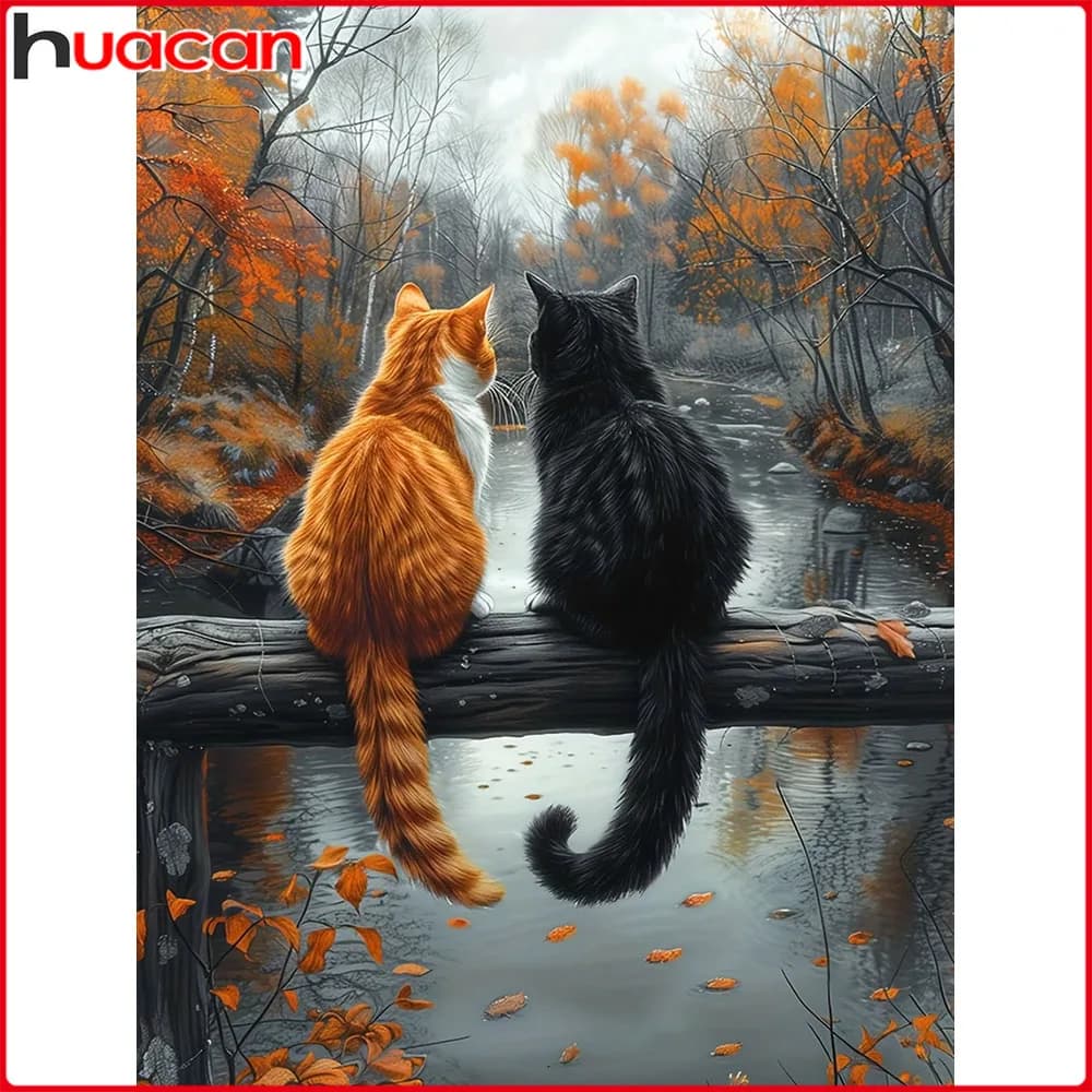 Huacan DIY Diamond Painting Cat Fall Diamond Embroidery Animal Landsacape Complete Kit Picture Of Rhinestones