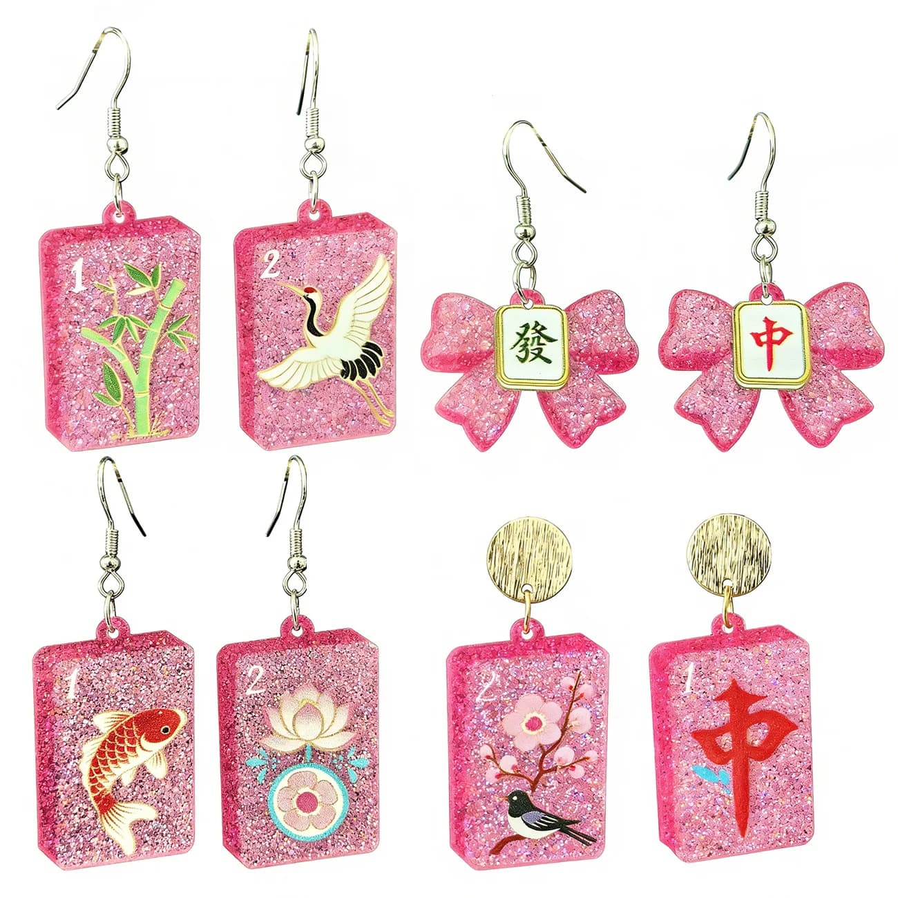 Chinese Mahjong Tiles Element Pendant Earrings For Women Charm Shiny Pink Mahjong Earrings Fun Casual Accessories Jewelry Gift