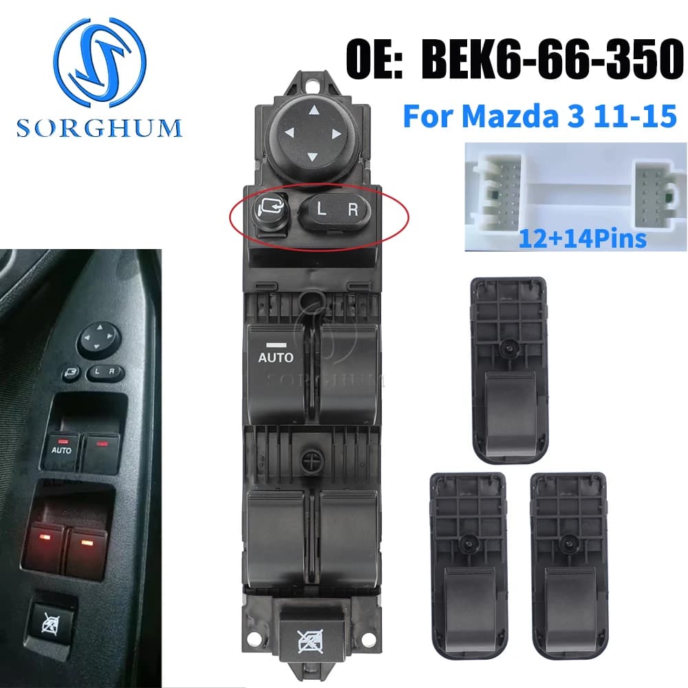 Interruttore Alzacristalli BEK6-66-350 per Mazda 3 2011-2015, Pulsante di Controllo Principale Anteriore Sinistro Lato Guidatore 14+12 Pin