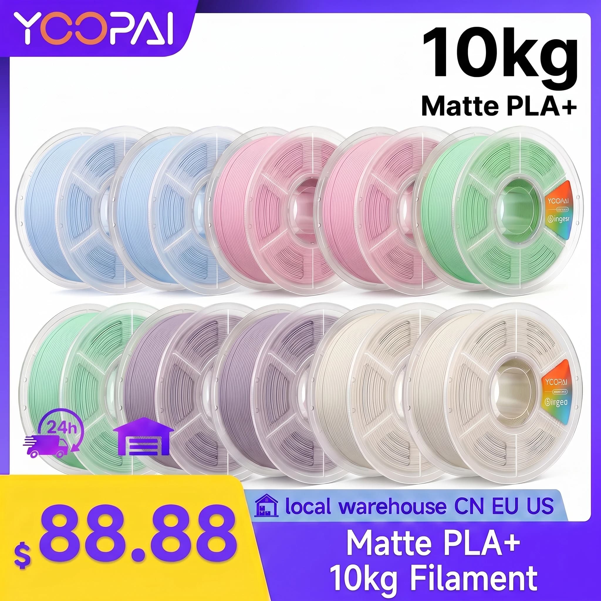 YOOPAI Matte PLA+ Filament 10kg 1.75mm 3D Printer Filament Soft Matte Finish Low Warping ±0.02mm for 3D Printing