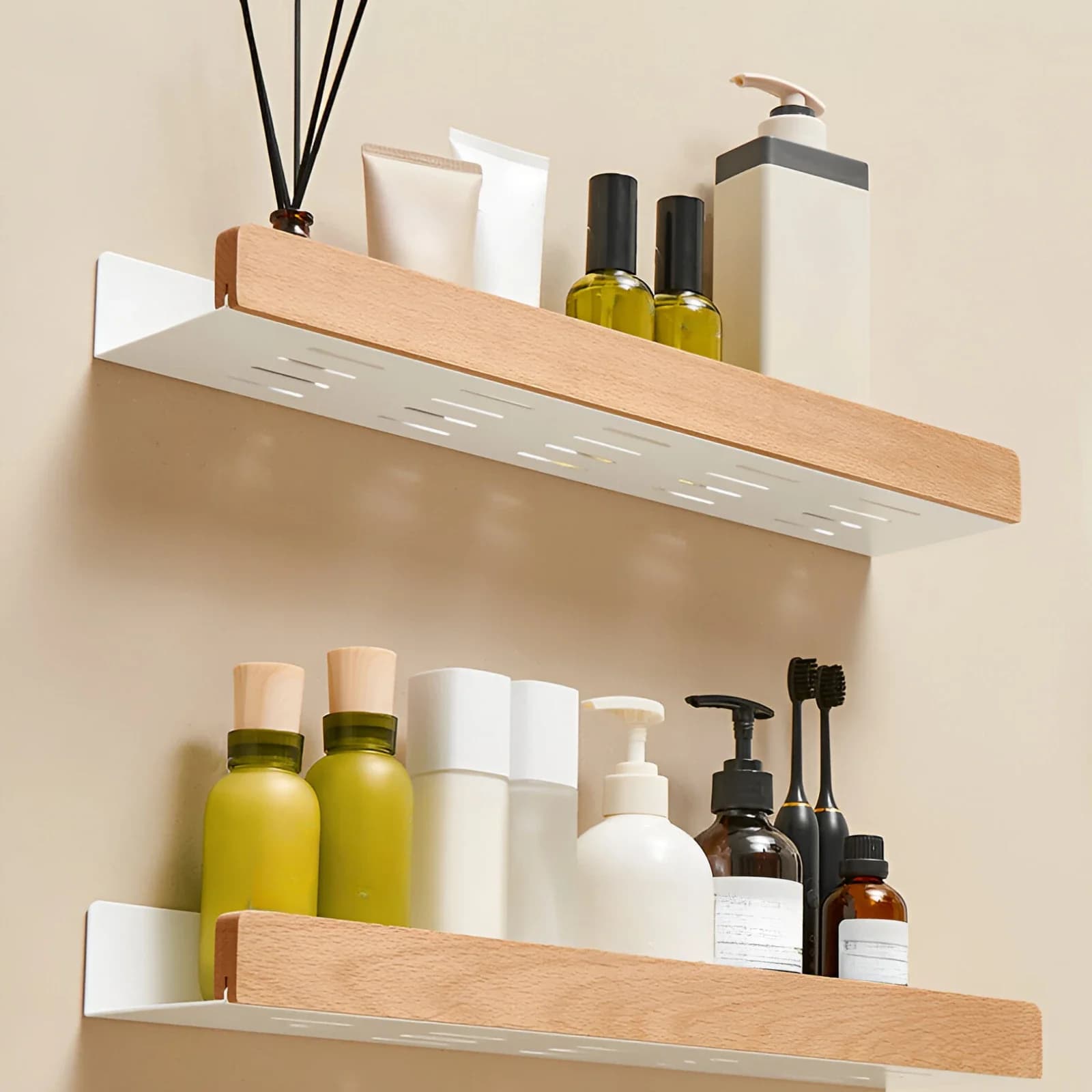 Beech wood bathroom storage rack wall mounted light luxury living room non perforated bathroom storage rack bathroom shelf