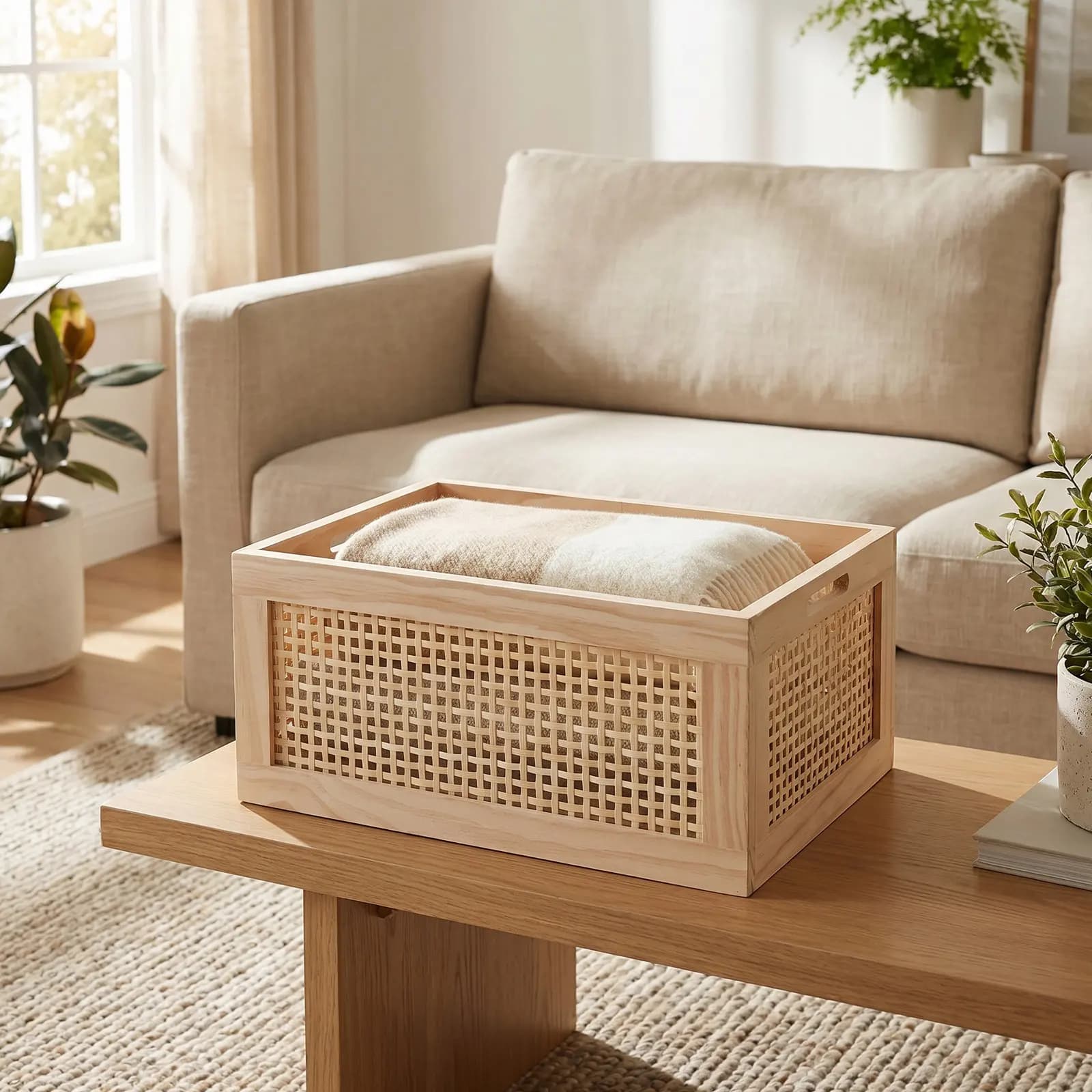 Rustic Wooden Woven Storage Basket Small 13.8x9.8x6.3in Magazine Holder Book Box Desktop Organizer Living Room Office