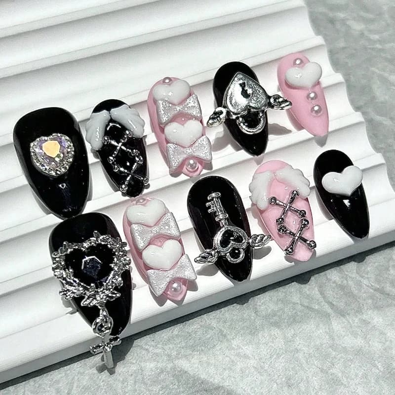 10 pezzi Y2k Spice Girl stampa fatta a mano sulle unghie nero rosa dolce fresco nail art fiocco amore diamante mandorla unghie finte