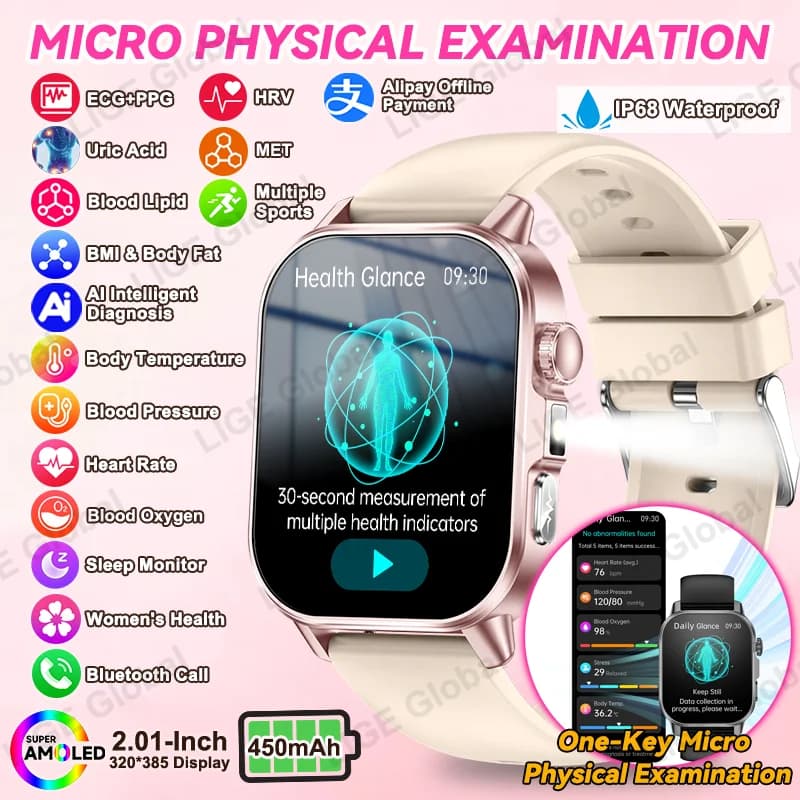 Smartwatch LIGE con Monitoraggio ECG+PPG, Torcia, Misurazione Pressione Sanguigna, Lipidi, Acido Urico e Ciclo Mestruale Femminile 2026