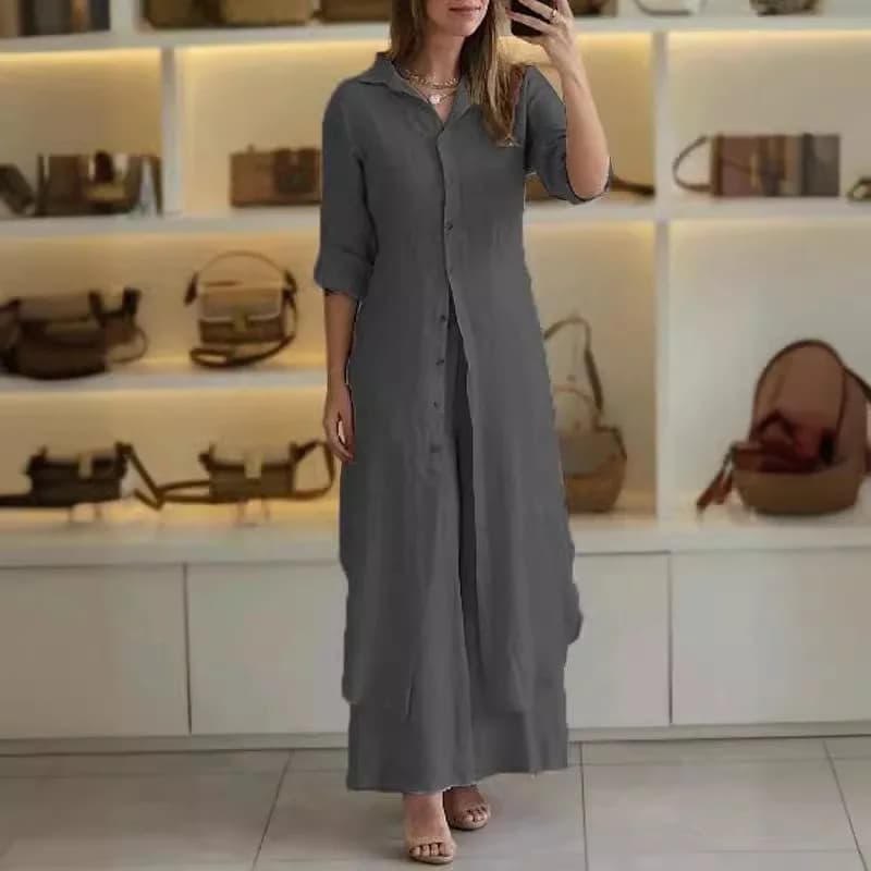 Completo da Donna in Cotone e Lino: Abito Camicia Casual con Colletto Risvoltato e Bottoni, Vestito Lungo e Pantaloni Larghi a Gamba Larga, Set 2 Pezzi in Offerta