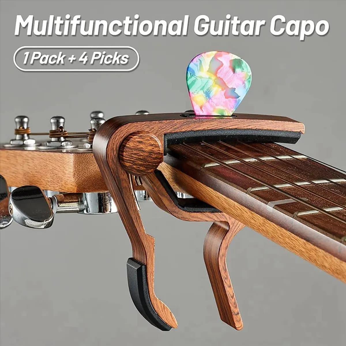 TUREBG 2X Capotasto per Chitarra con Portaplettro e 8 Plettri per Chitarra Acustica, Elettrica, Ukulele, Mandolino, Banjo