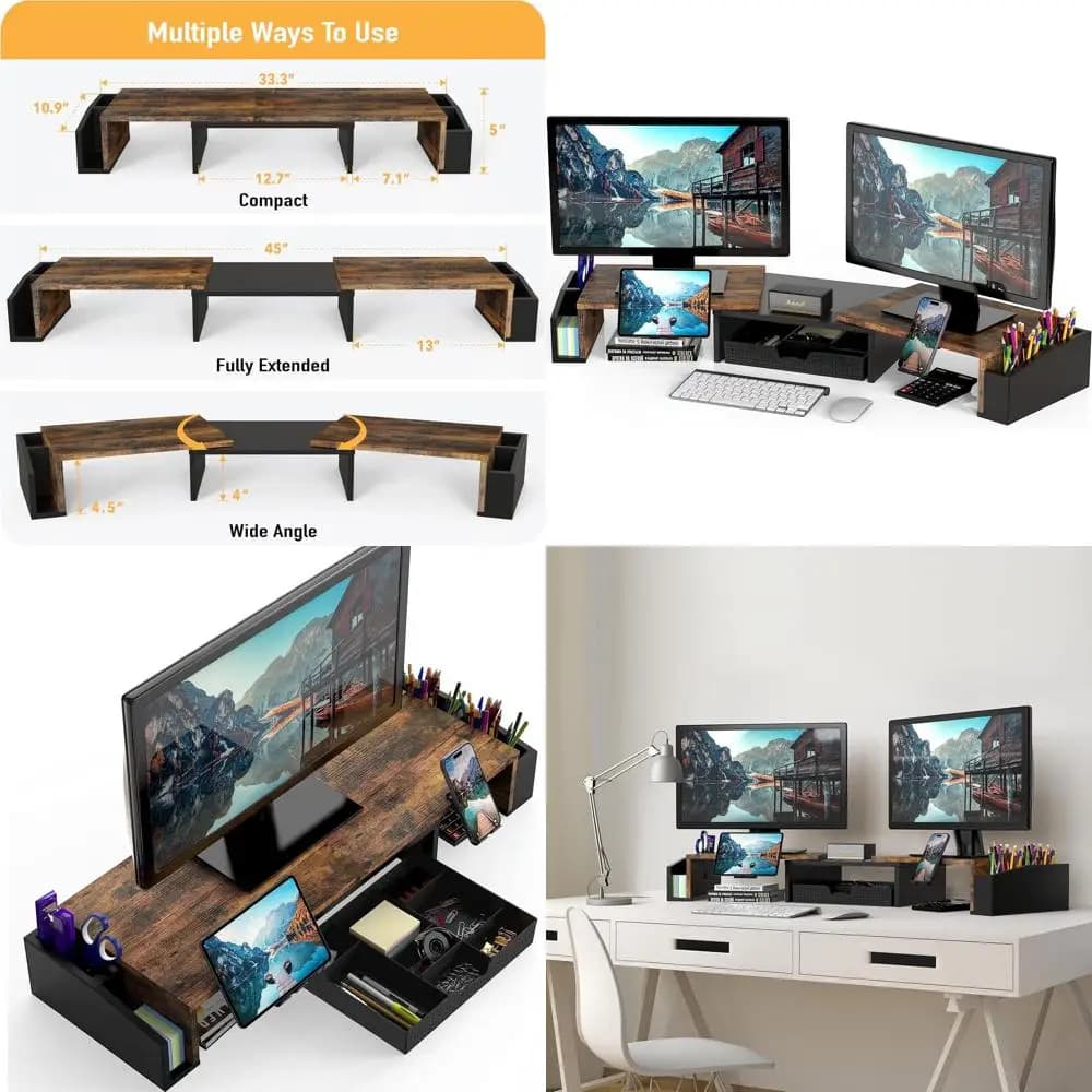 Supporto per Doppio Monitor in Stile Rustico Marrone con Gestione Cavi