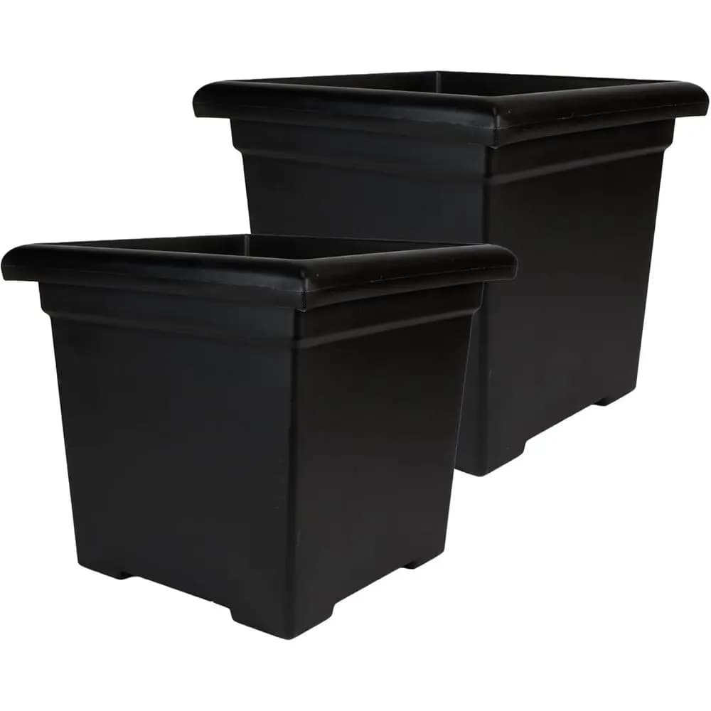 Accent Square Vases from 12.5 Inches with drainage, Pack of 2, UV-resistant plastic, Suitable for indoor and outdoor plants, Black