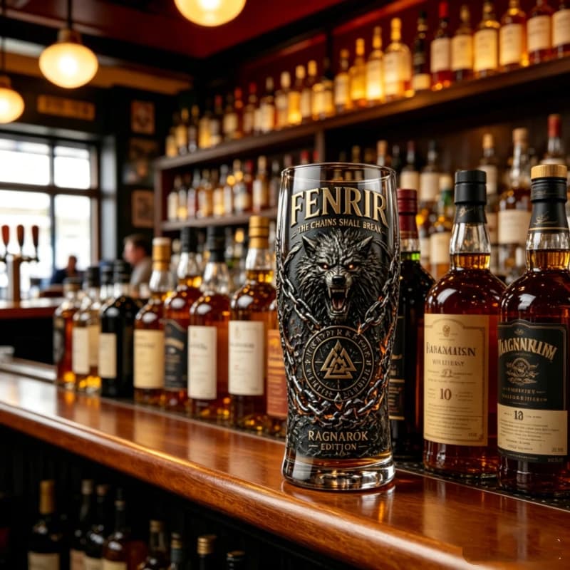 Bicchiere in Vetro con Stampa Lupo Fenrir Vichingo, Tazza per Whisky e Cocktail Ispirata alla Mitologia Norrena, Collezione di Bicchieri per Birra per Bar e Feste in Casa