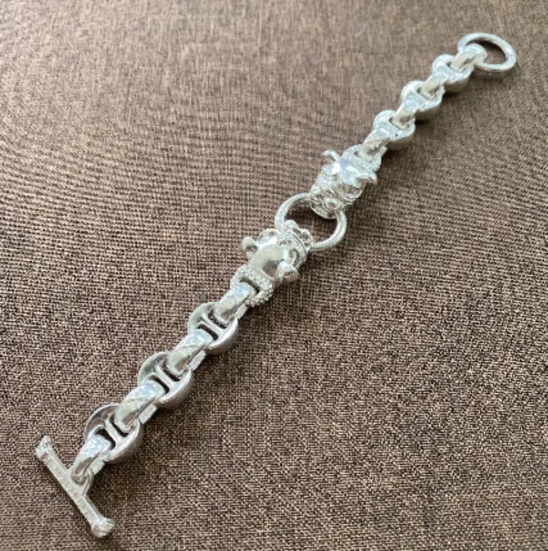 Retro Embossed Link Bracelet White Copper Double Animal Head Unisex Ethnic Streetwear Bangle Jewelry