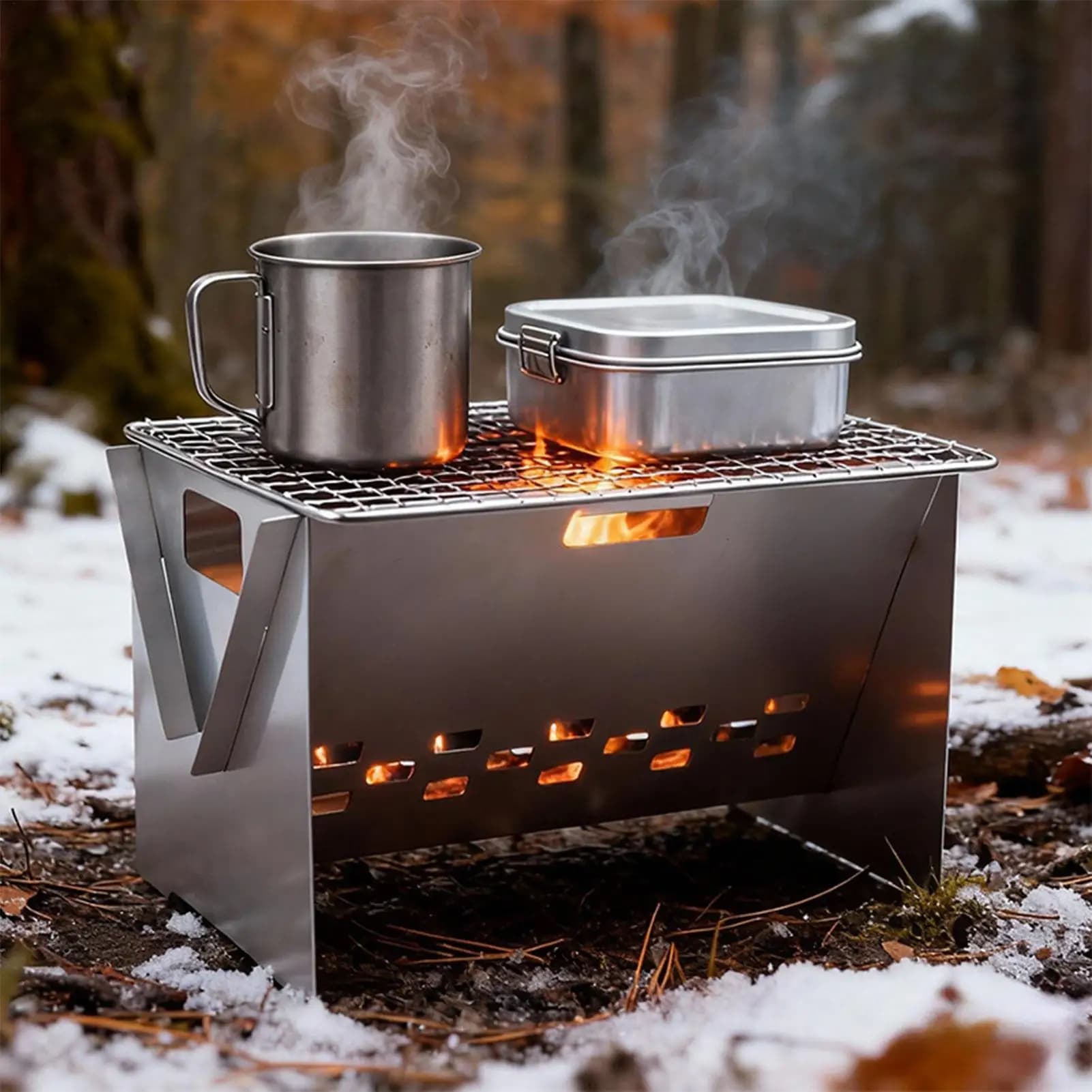 Portable folding charcoal grill, stainless steel compact brazier, light barbecue for outdoor cooking, excursions and picnic