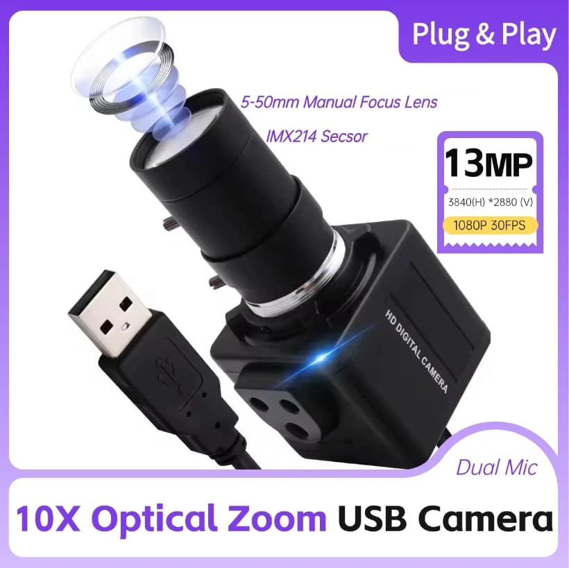 13 MP ELP USB Camera Webcam with 10X optical zoom with 5-50 mm varifocus lens Webcam for PC USB double microphone for Android Linux MAC operating system