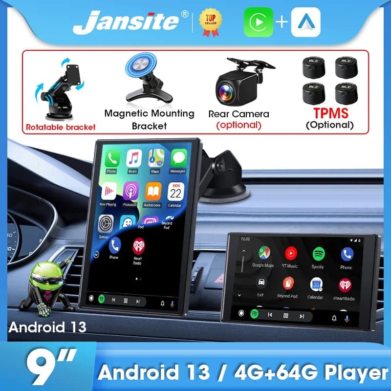 Jansite 9" Android 13 Car Radio 4G+64G Rotating Screen Carplay Android Auto GPS Audio Bluetooth Support Youtube Netflix Map TPMS