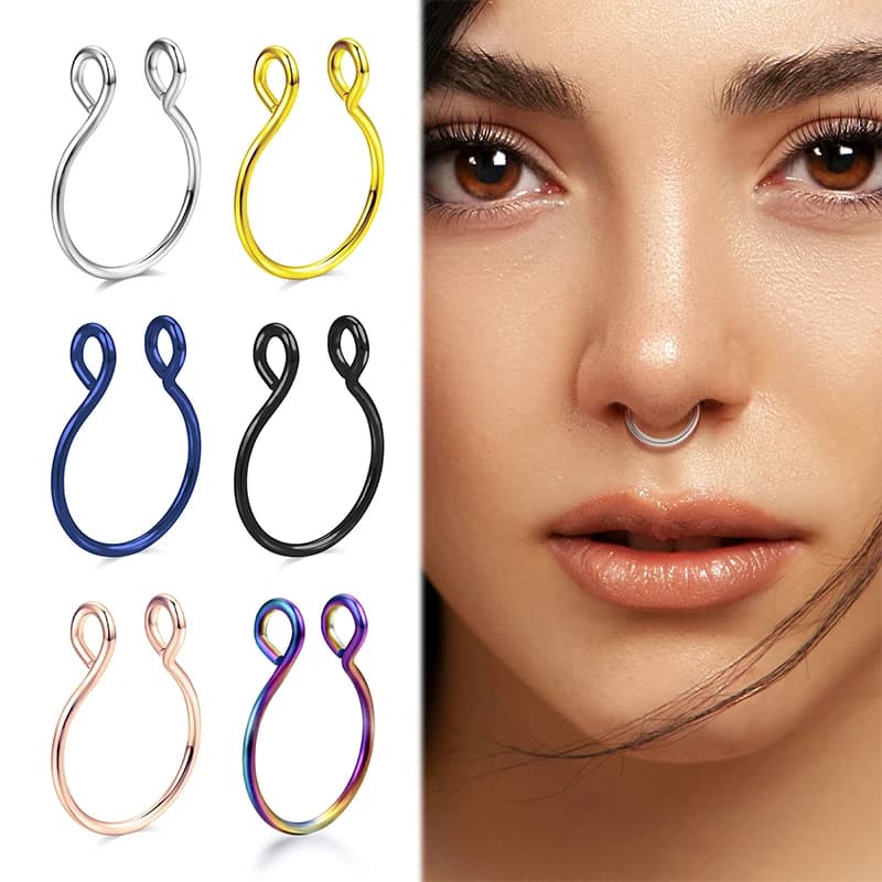 Anello da naso finto a forma di U di 2 dimensioni - Cerchio per setto non penetrante in acciaio inossidabile, gioielli per naso con clip per donne e uomini
