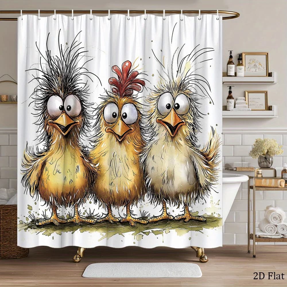 1pc Funny Chicken Shower Curtain with 3 Anthropomorphic Birds Design, Oversized Expressive Eyes & Fluffy Feathers - Durable Poly