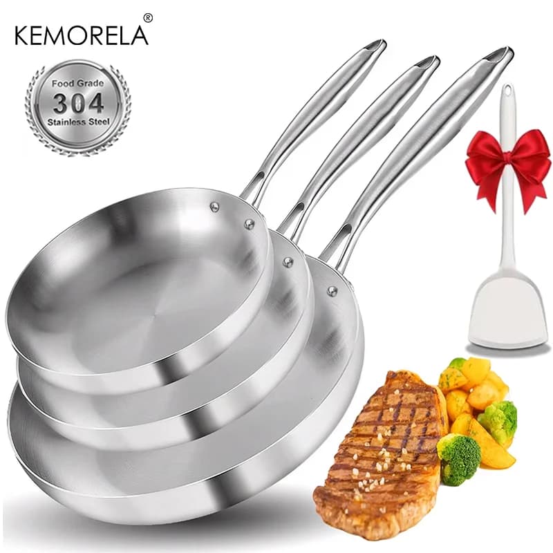 3PCS Stainless Steel Frying Pan Set 304 Food Grade Non-Stick Wok Pans 5-Ply Steel 2MM Thick Restaurant Chef's Kitchenware