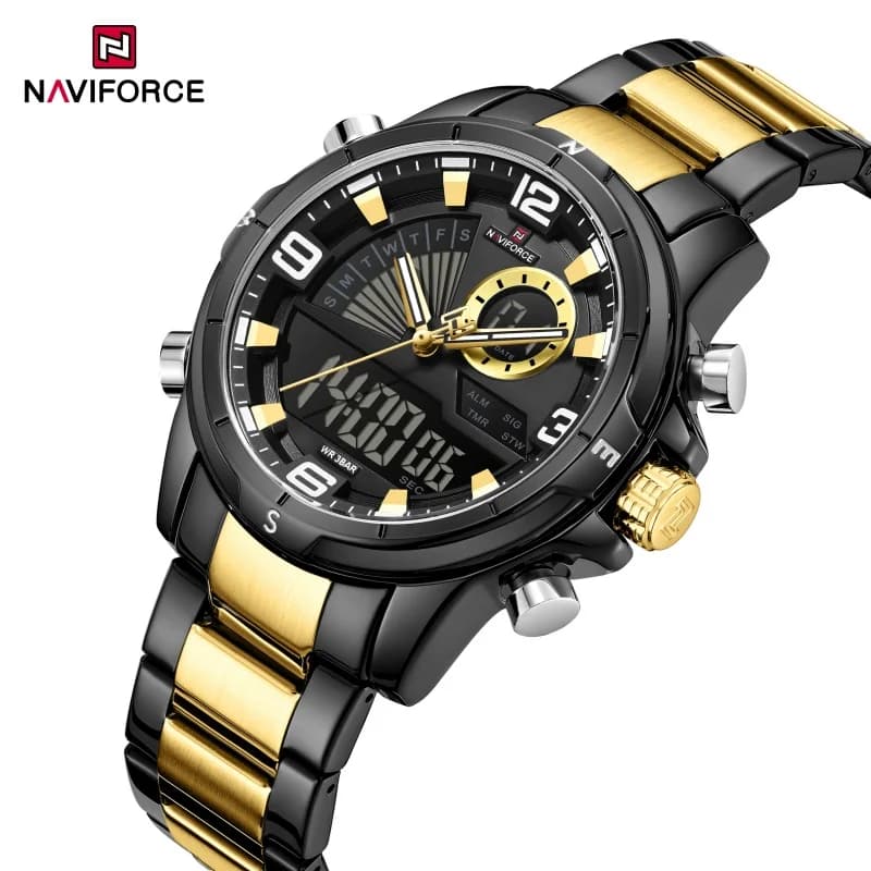 NAVIFORCE Orologio da uomo con doppio display, 3ATM, impermeabile, lancette luminose, cinturino in acciaio inossidabile, orologio da polso sportivo militare, confezione regalo