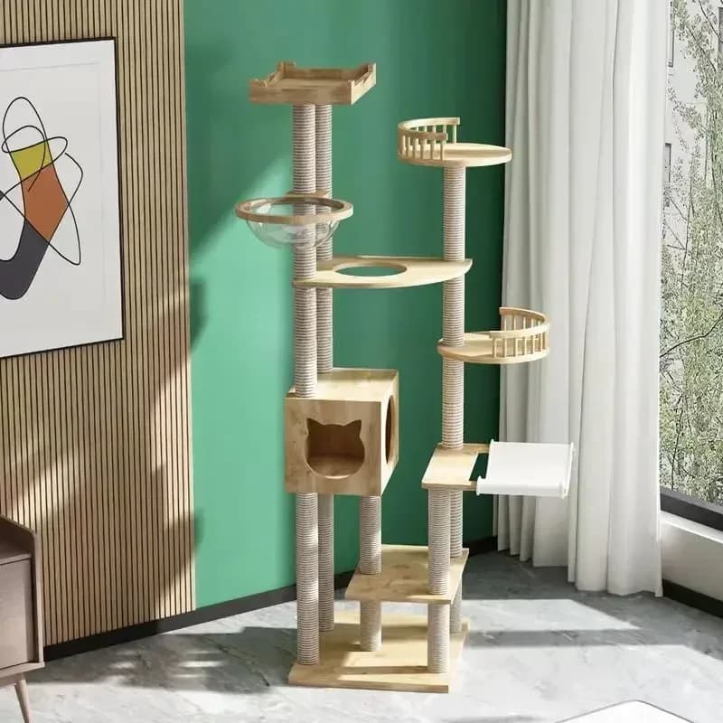 Cuccia per Gatti in Legno Massello, Albero per Gatti con Angoli Smussati, Capsula Spaziale Integrata, Villa di Lusso Non Coperta, Universale per Tutte le Stagioni