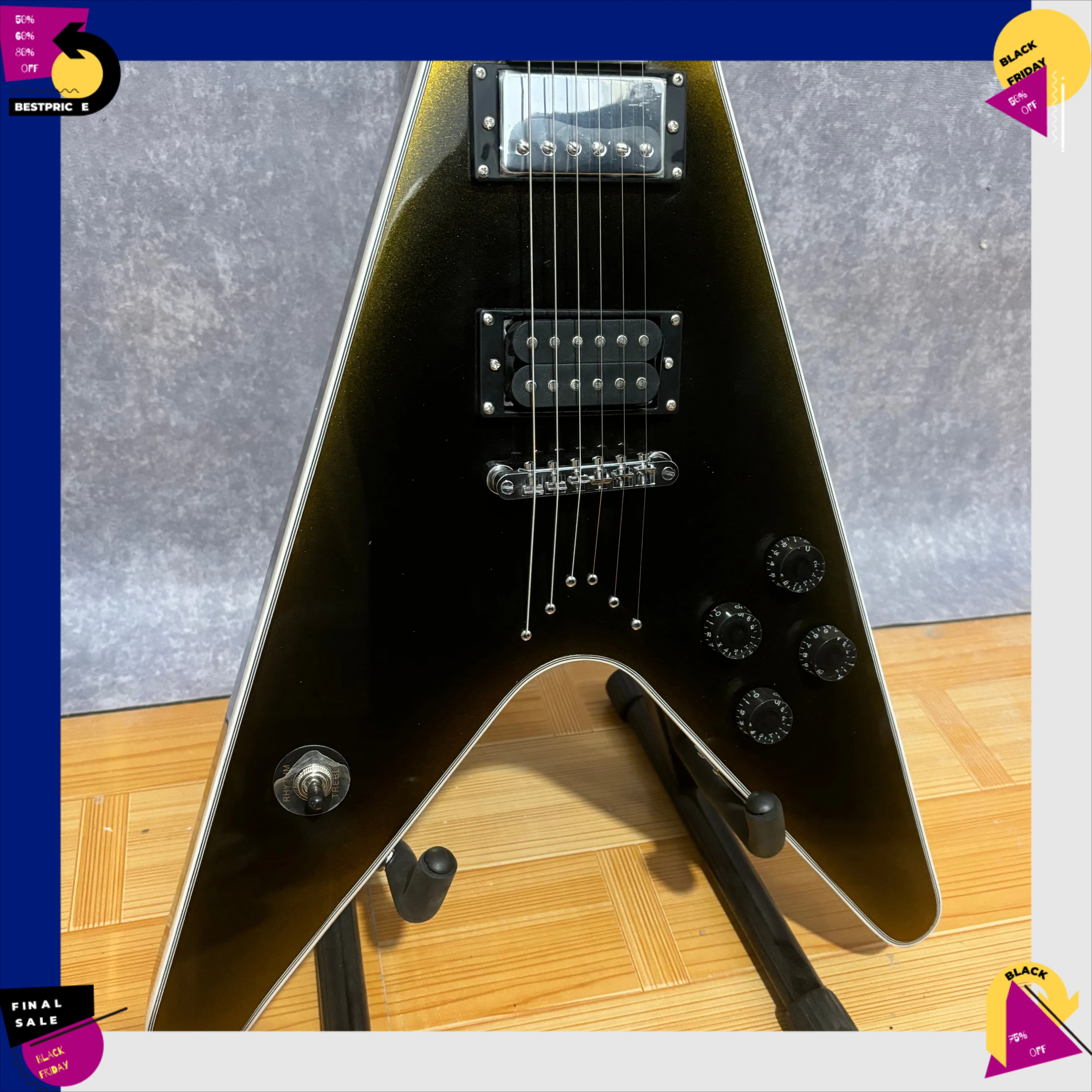Yellow-Black Sunburst with White Binding Rosewood Fingerboard, Block Inlays Vintage Metal Style HH Pickups.Electric Guitar