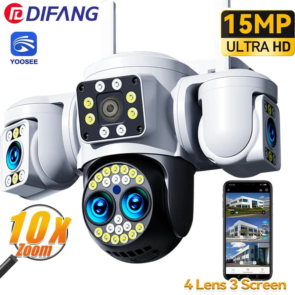 Telecamera IP WiFi Yoosee 8K 16MP Quattro obiettivi Tre schermi 360 ° Telecamera di sicurezza di sorveglianza wireless con tracciamento automatico PTZ CCTV per esterni