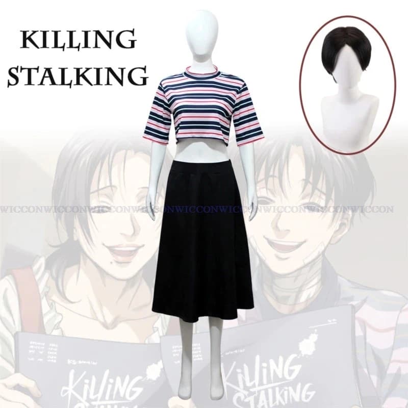 ⭕️⭐️⭕️Anime Killing Stalking Yoon Bum Cosplay Costume Yoonbum Black Brown Yoon Bum Wig Women T-shirt Skirt Halloween Carni⭐️⭕️⭐️