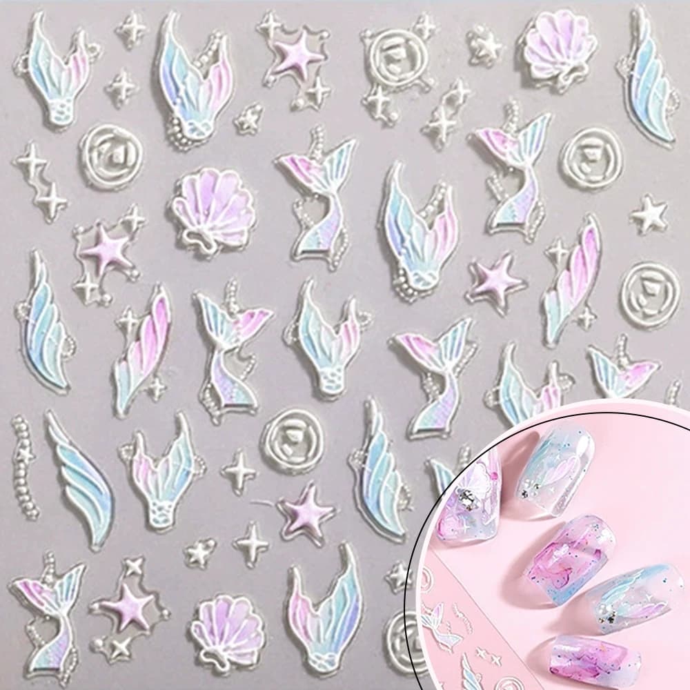 Adesivi 3D per Unghie con Motivi Oceanici, Conchiglie Viola, Stelle Marine, Coda di Sirena, Perle, Decalcomanie Autoadesive per Decorazione Manicure Fai-da-Te