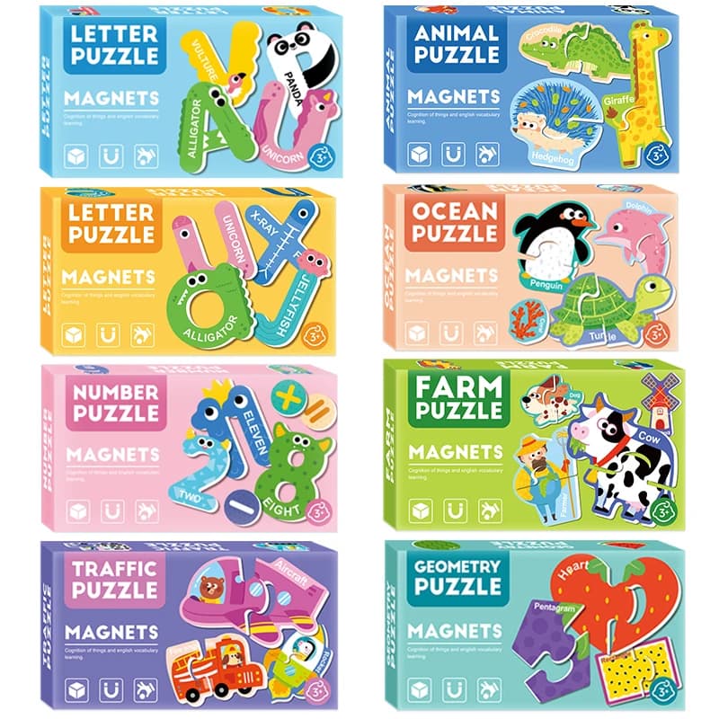 Puzzle cognitivo magnetico con lettere e numeri, adesivi per frigorifero per veicoli animali, giocattoli educativi per bambini