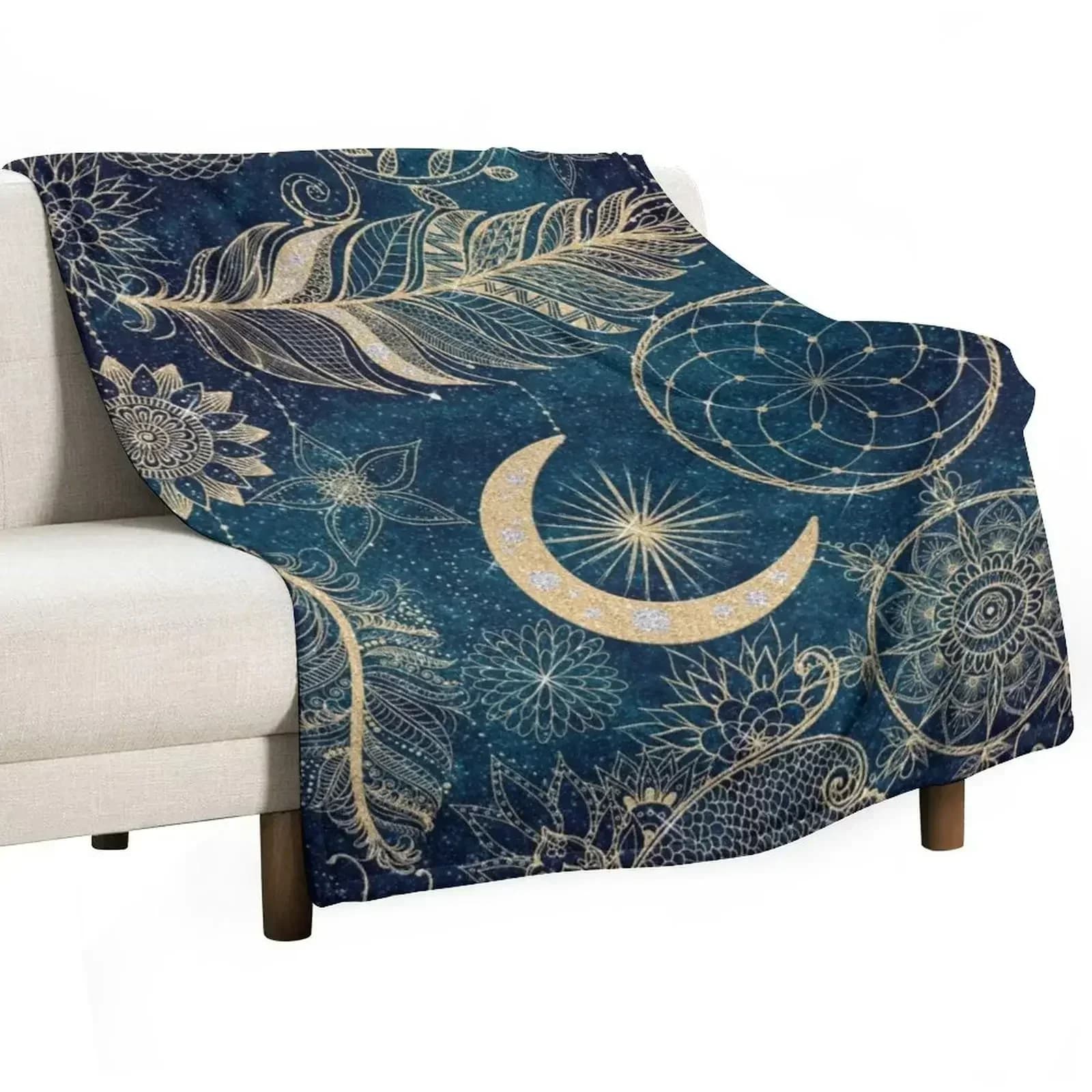 Whimsy Gold Glitter Dreamcatcher Feathers Mandala Throw Blanket Warm Accent Blanket for Living Room Decoration
