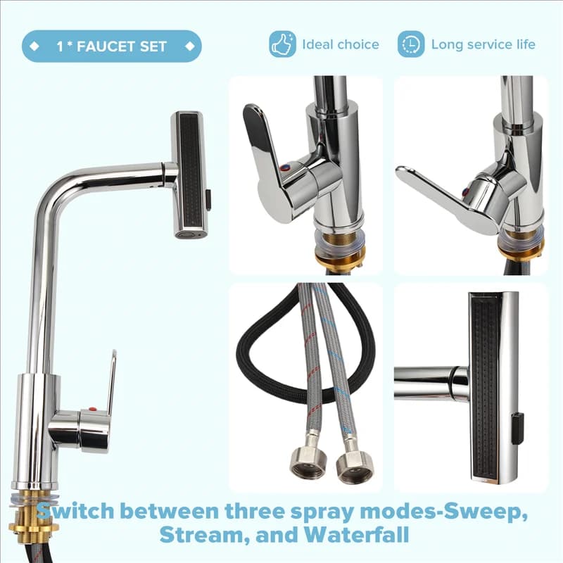 LNHF Rubinetto miscelatore flessibile per lavello da cucina, design estraibile, fornitura di acqua calda e fredda, montaggio su piano con modalità doccia a flusso