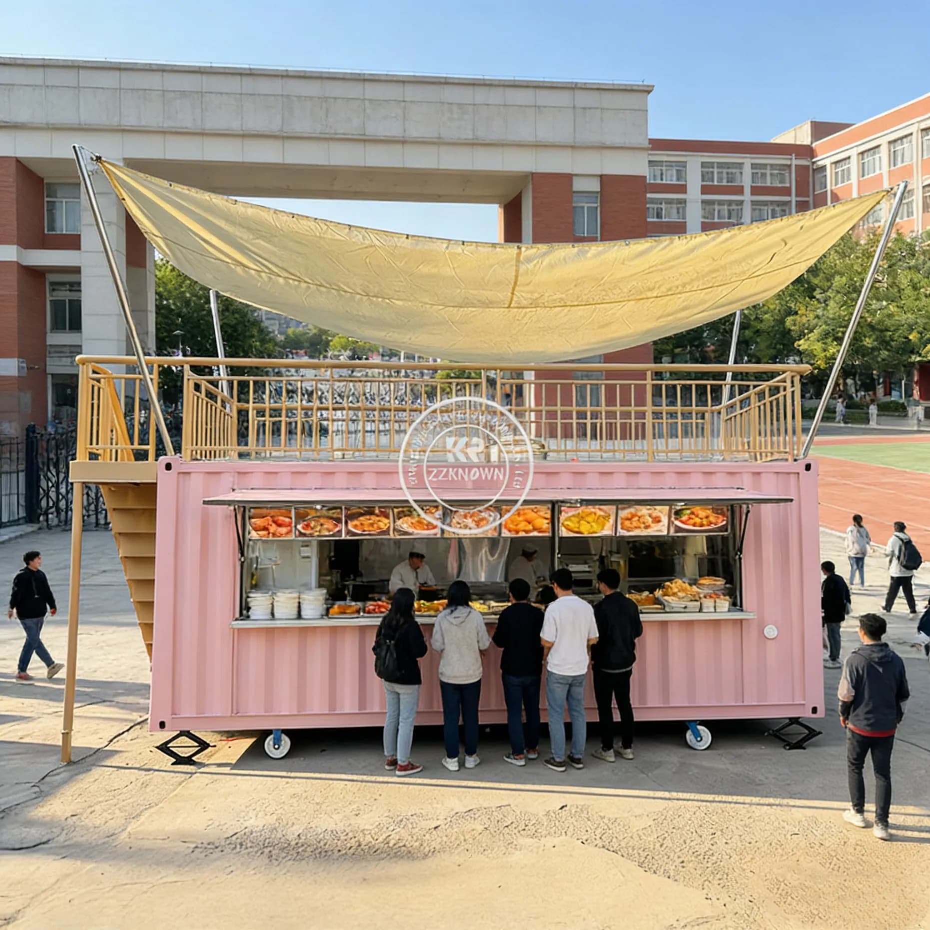 Food Truck Containerizzato per Attività Alimentari, con Finestra e Terrazza, Carrello Mobile
