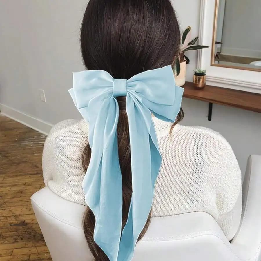 Grande fermaglio per capelli con fiocco in raso per donna, barretta con nastro azzurro e lunghe coda, accessorio per feste e matrimoni