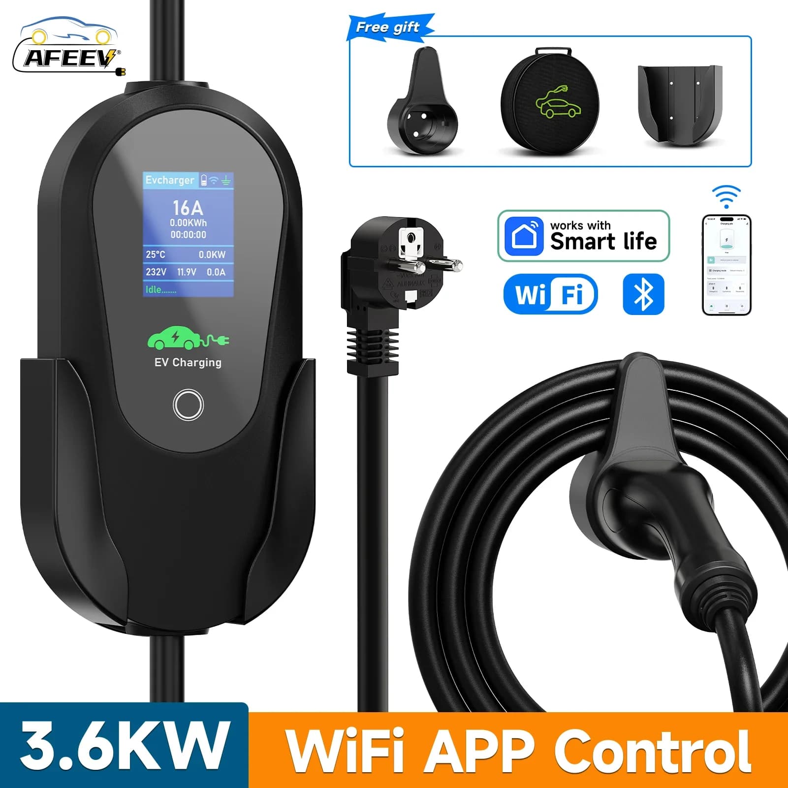 AFEEV Type 2 Portable EV Charger 3.6KW 16A 1 Stage Wallbox Type1/GBT EVSE Fast charging cable EU plug WiFi APP Bluetooth control