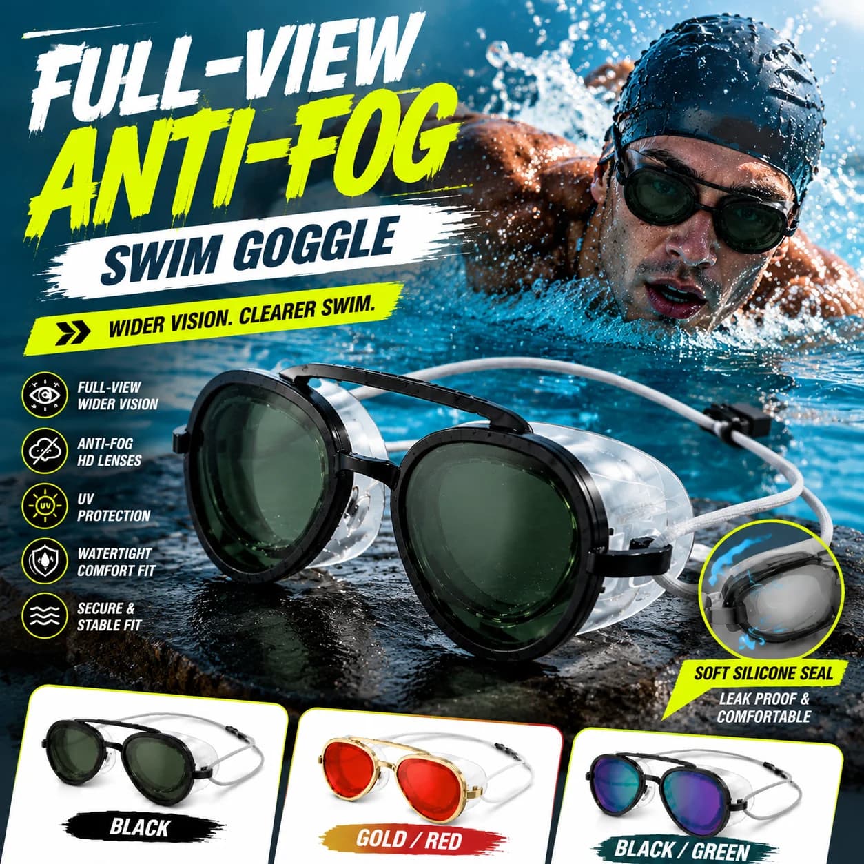 Retro Wide View Swim Goggles Anti-Fog HD Lens Waterproof UV Protection Leakproof Swimming Eyewear Lightweight Comfort Wearing