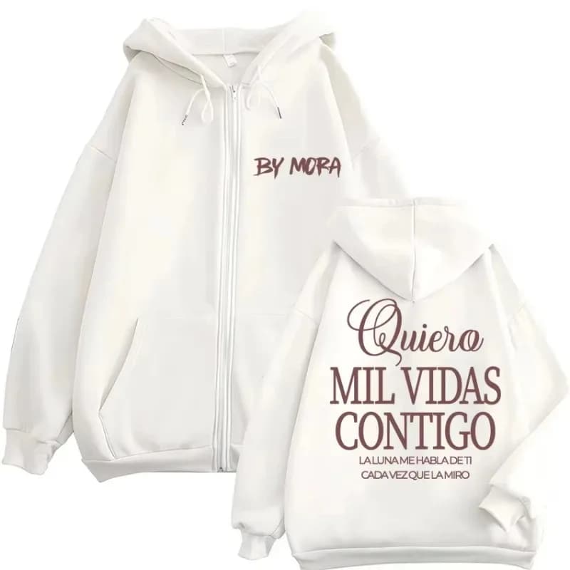 Felpa con cappuccio con zip per rapper maschili e femminili Mora A Thousand Lives With You, felpa hip-hop, giacca casual ampia, streetwear