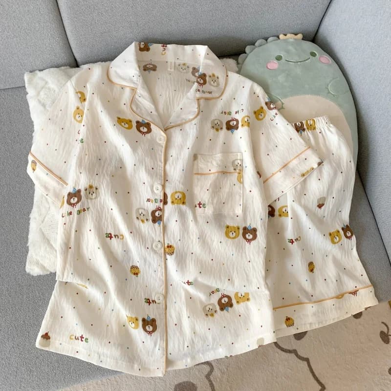 Bear Dot Letter Print Korean Style Women's Pajamas Set Casual Y2K Outside Summer New 2025 Pajamas Set Fashion Sweet Home Wear
