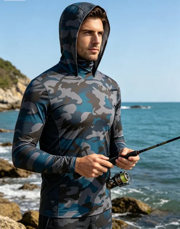 Magliette da Pesca a Maniche Lunghe per Uomo, Protezione Solare con Cappuccio e Maschera, Abbigliamento Tutto-in-Uno per Pesca, Caccia, Campeggio, Pesca Sportiva, T-shirt UPF