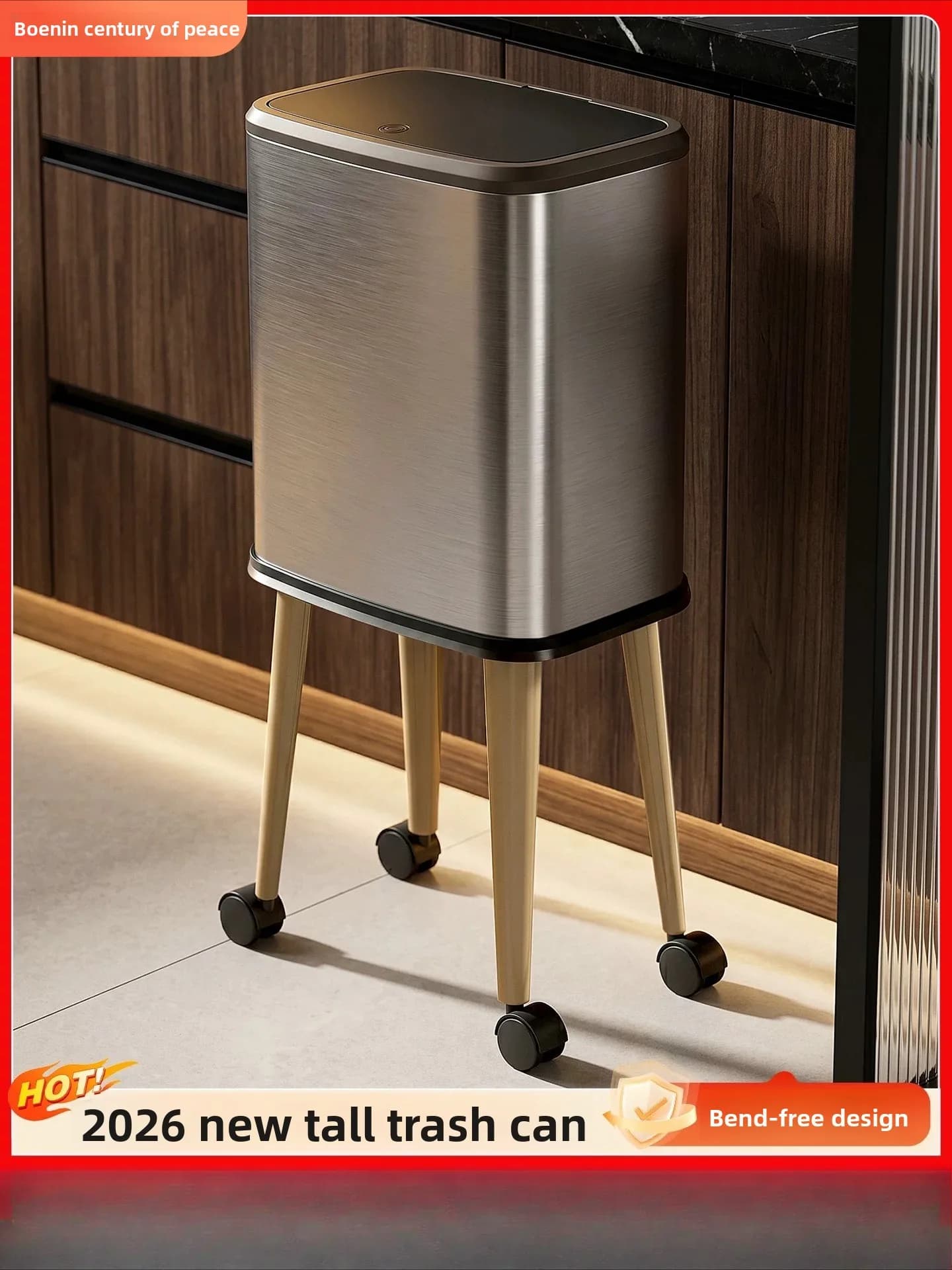 2026Stainless Steel Rolling Trash Can Large Capacity No Bending Design Light Luxury Covered Waste Bin For Kitchen Living Room