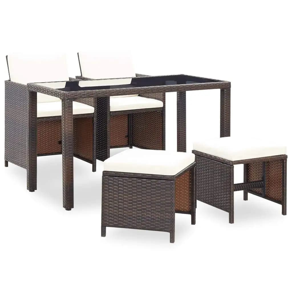 5 Piece Outdoor Dining Set With Table, Chairs, Stool & Cushions, Poly Rattan Garden Balcony Porch Furniture, Brown, Customized