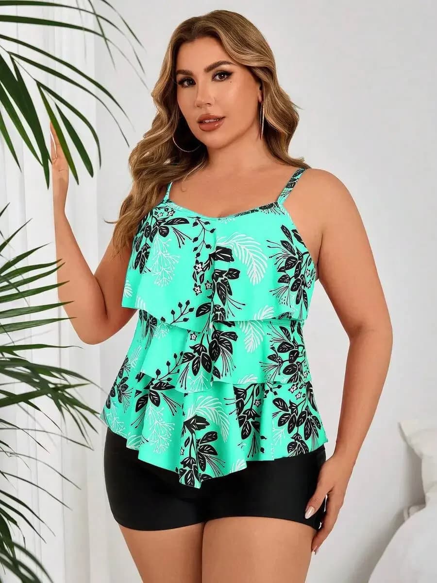 Set costume da bagno con top corto con stampa floreale e pantaloncini a vita alta per donna, per l'estate e la spiaggia