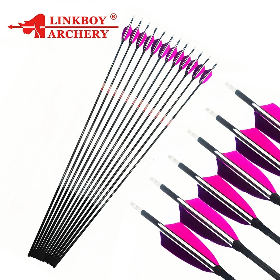6 pezzi Linkboy Tiro con l'arco ID6.2MM Frecce in carbonio Spine 250-900 30/32 pollici 4 pollici Piuma di tacchino 100gr Punto di caccia