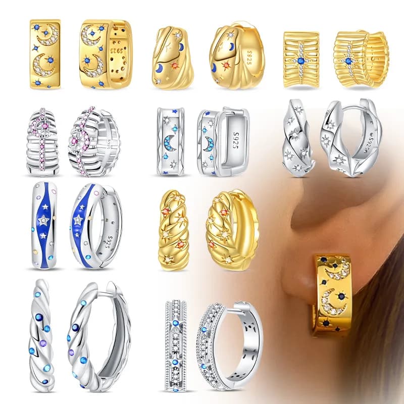 Orecchini in argento sterling 925 con stella lunare Stella quadrilatera Doppi cerchi Orecchini per regalo di gioielli di moda per matrimoni da donna