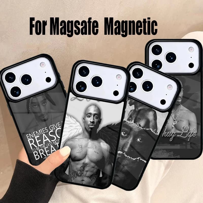 Cover per iPhone 17 Air 16e 15 14 13 12 11 Pro Max Plus con design 2Pac Tupac Shakur, compatibile Magsafe Wireless Magnetic