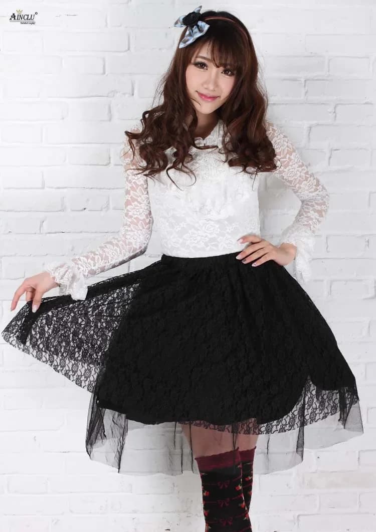 Gonne Lolita in Pizzo Sweet Princess, Gonne Nere in Poliestere con Pizzo a Rosa, Gonne a Mezza Lunghezza Lolita, Gonne Plissettate da Festa per Donna