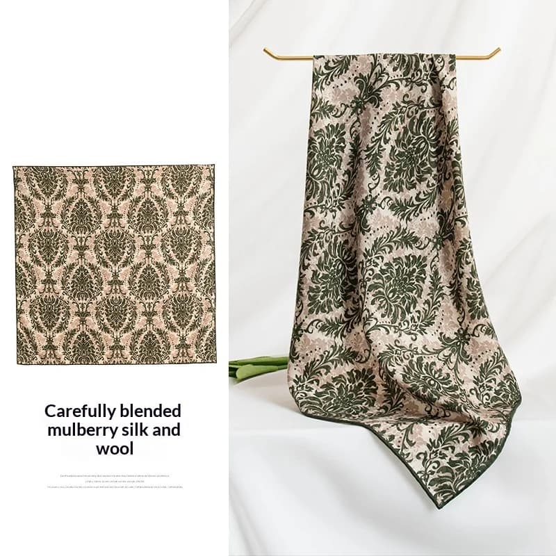 Light luxury blue cashew flower silk wool scarf women's double-sided silk scarf square scarf 65cm neck ornament