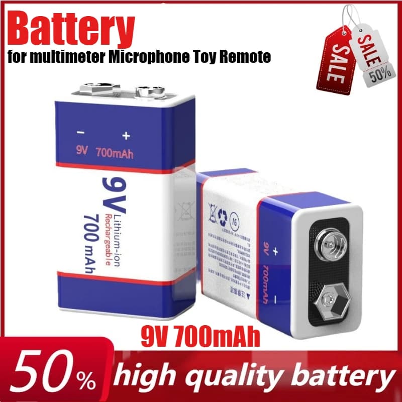 Batteria ricaricabile agli ioni di litio da 9 V 700 mAh per multimetro Microfono giocattolo Batteria walkie-talkie con telecomando + cavo di ricarica