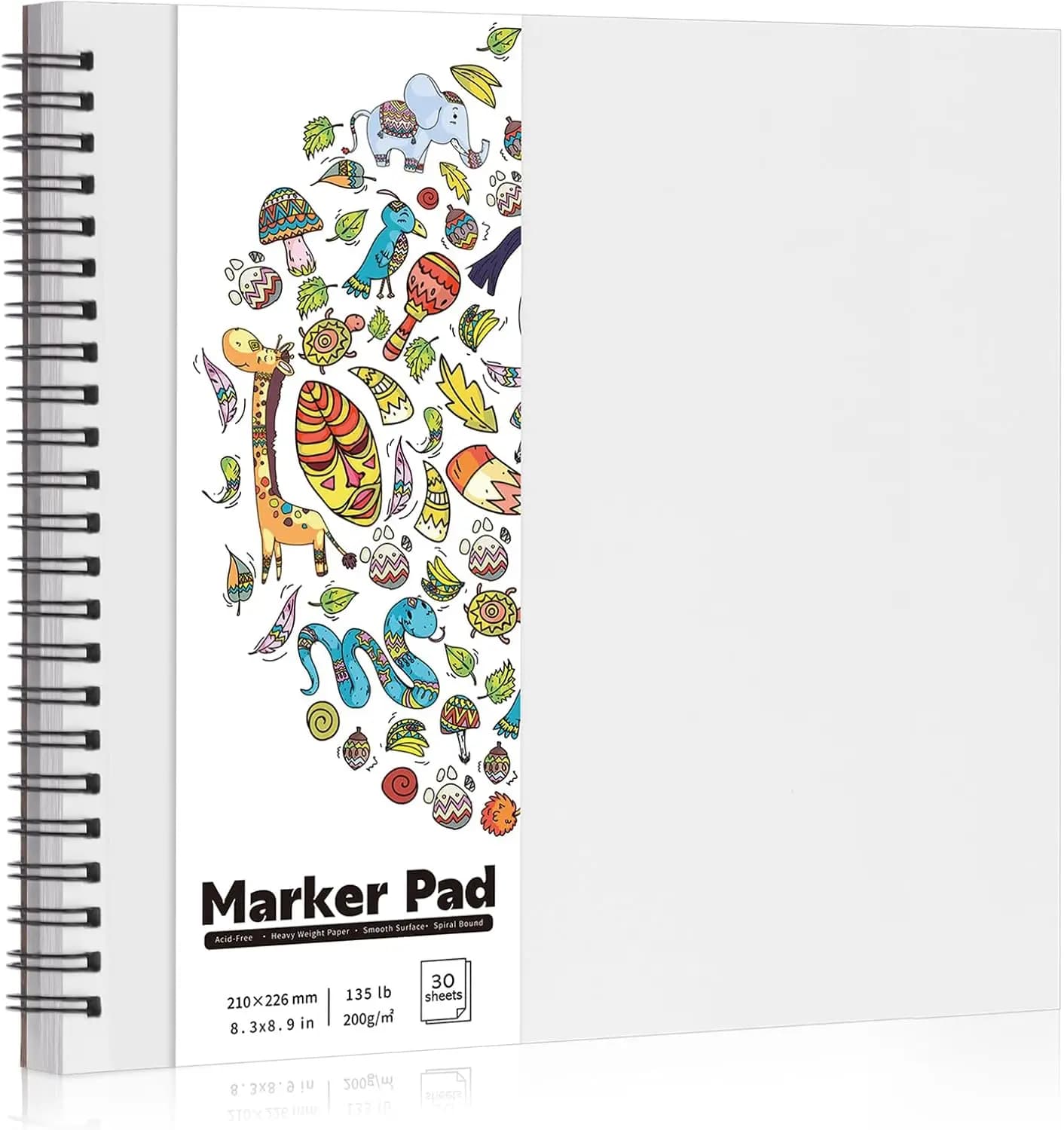 Marker Paper Pad 135lb/200gsm, 8.3x8.9in Double Sided Bleedproof Sketch Pad, 30 Sheets Spiral Sketchbook for Alcohol Markers and